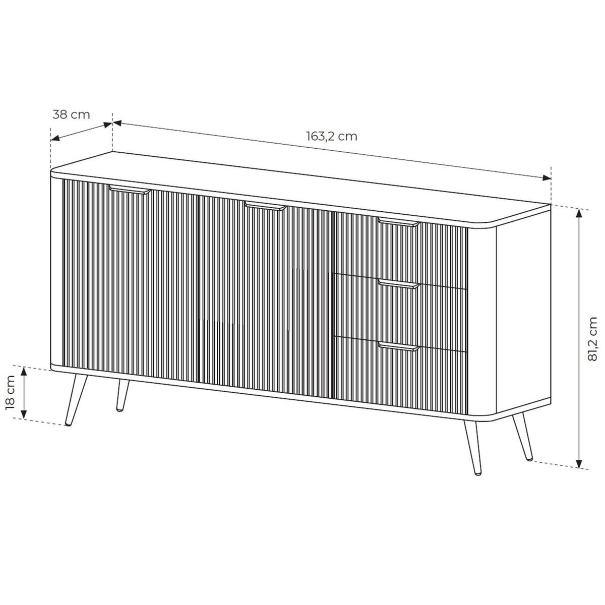 SIDEBOARD Vespasia 2T 3S Beige 163,2/81,2/38 cm – Geriffelte Fronten - Goldfarben/Weiß, Holzwerkstoff/Metall (163.2/81.2/38cm) - AX Living