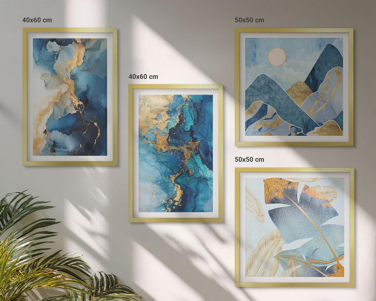 BILDER SET 4er Set - 50x50 cm & 40x60 cm Goldrahmen - Goldmuster in den blauen Bergen - Goldfarben, Kunststoff (50/50cm) - TULUP