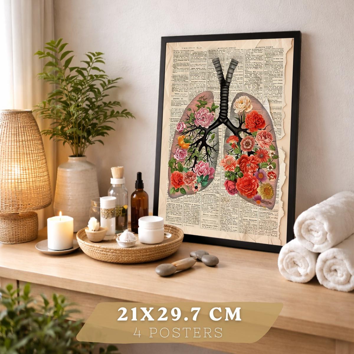 POSTER Set aus 4 Vintage Anatomie und Wandbilder mit Rippen Wirbelsäule Lungen Luftröhre Bronchien Gehirn und Schädel Größe Schwarzer Rahmen A4 - Schwarz, Papier (21/29.7/3cm) - Nacnic