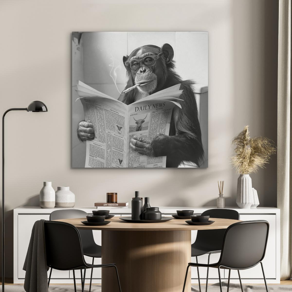 AKUSTIKBILD Affe - WC - Zeitung - Schwarz-Weiß - Humor Akustikpaneele 90x90 cm - Hellgrau, Kunststoff (90/90/0.9cm) - MuchoWow
