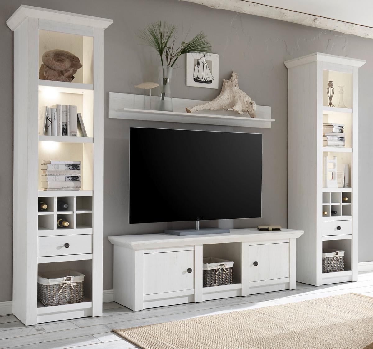 WOHNWAND Pinie weiß 4-teilig 288 cm, Schrankwand im Landhaus-Stil - Schwarz/Weiß, Glas/Holzwerkstoff (288/207/45cm) - Furn.Design