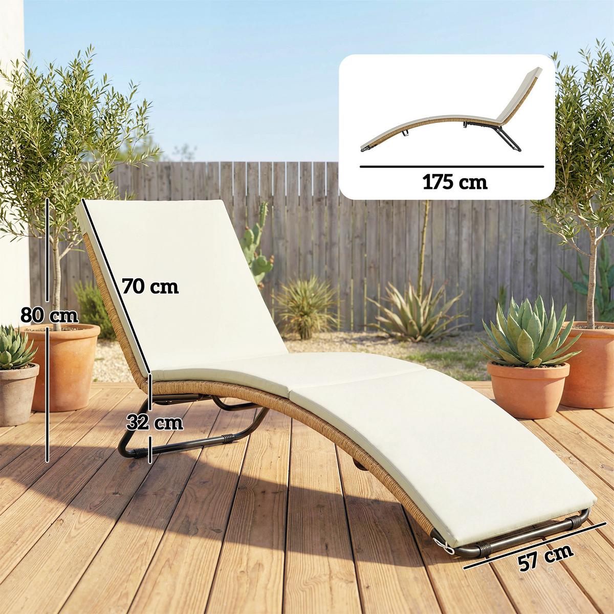 RATTAN-SONNENLIEGE Stahl PE-Rattan Cremeweiß - Creme/Weiß, Textil/Metall (57/80/175cm) - Outsunny