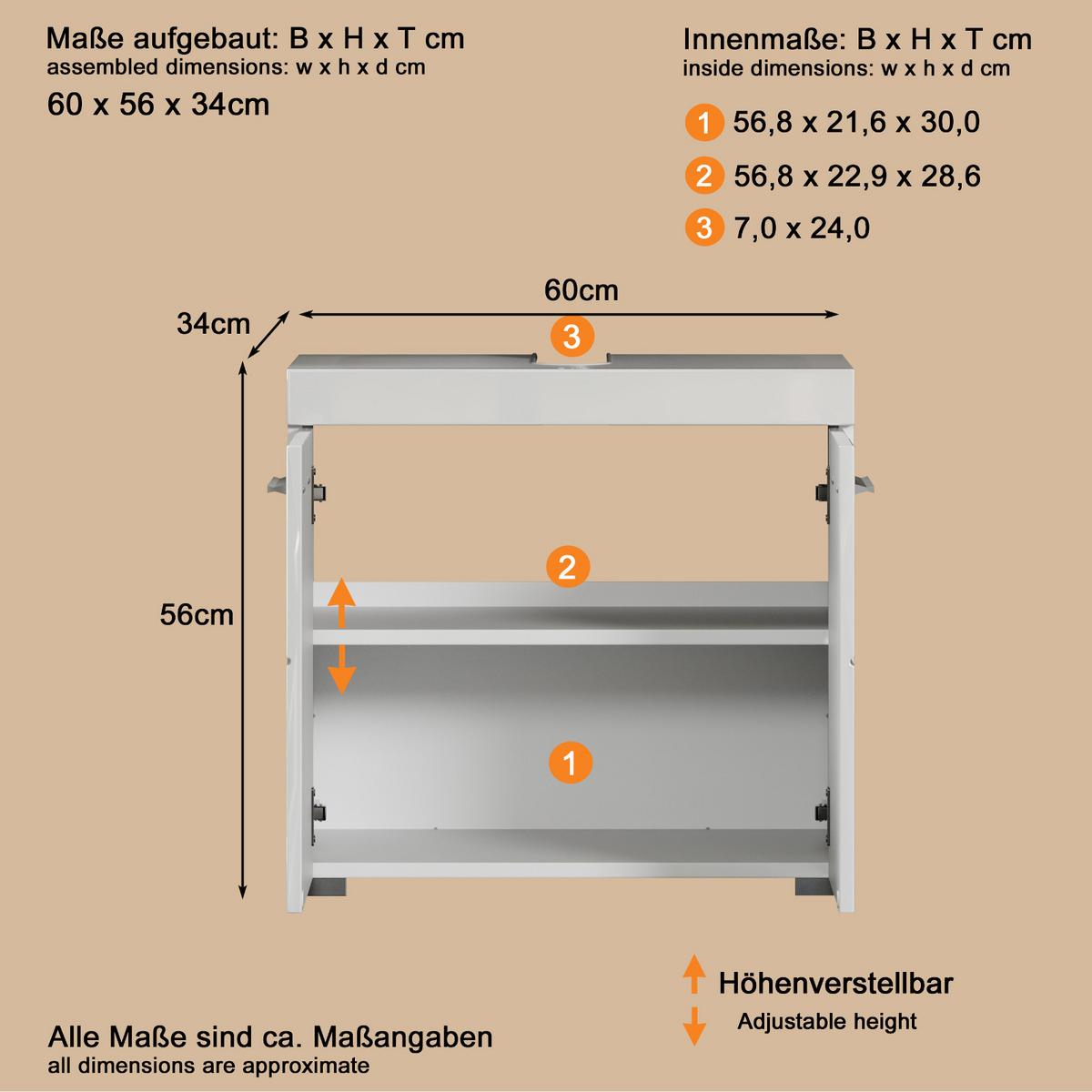 WASCHBECKENUNTERSCHRANK weiß Hochglanz 60 x 56 cm, Badschrank 2-türig - Weiß, Holzwerkstoff/Kunststoff (60/56/34cm) - Top.Furn