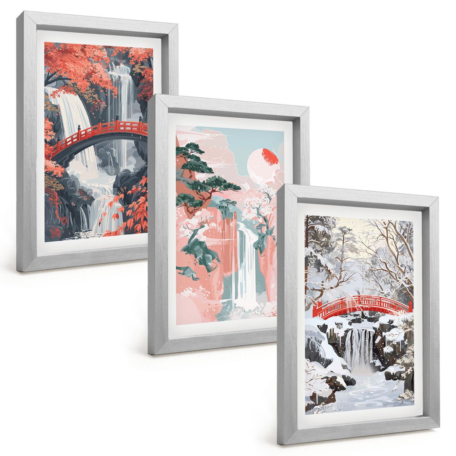 BILDER SET 3er Set - 20x30 cm Silberner Rahmen - Wasserfälle der Jahreszeiten - Silberfarben, Kunststoff (20/30cm) - TULUP