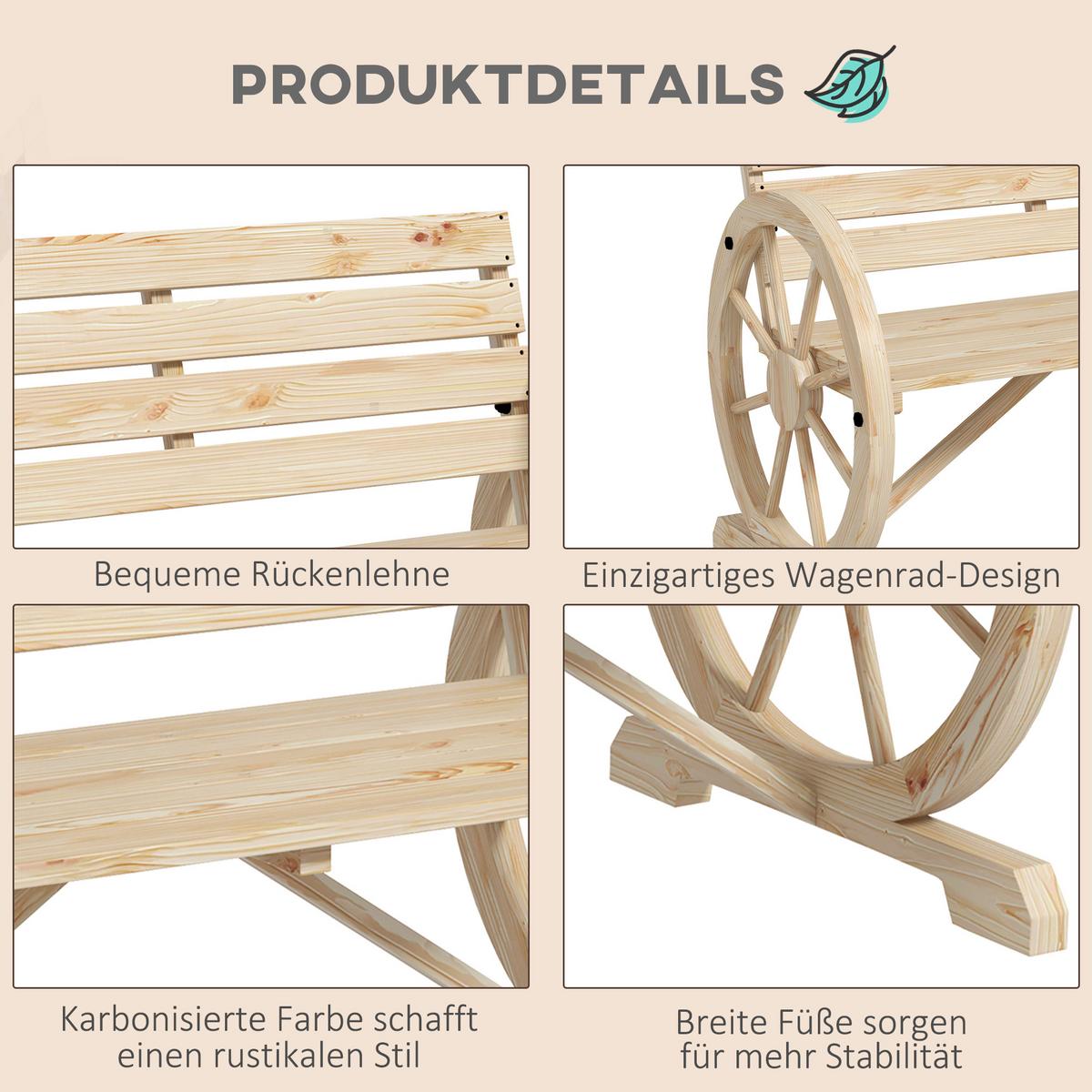 2ER-GARTENBANK Sitzbank Wagenrad-Design rustikale Holzbank für 2 Personen - Naturfarben, Holz (56/79/105.5cm) - Outsunny