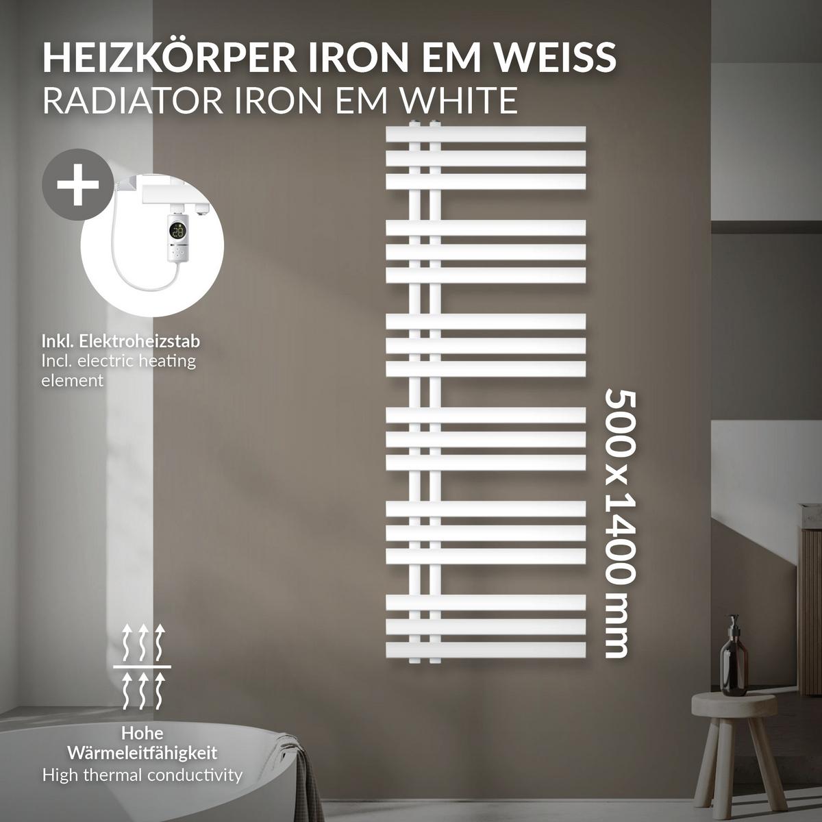 BADHEIZKÖRPER elektrisch Iron EM 500x1400 mm Weiß mit Heizstab 1200W Digital - Weiß, Metall (50/140/4cm) - LuxeBath