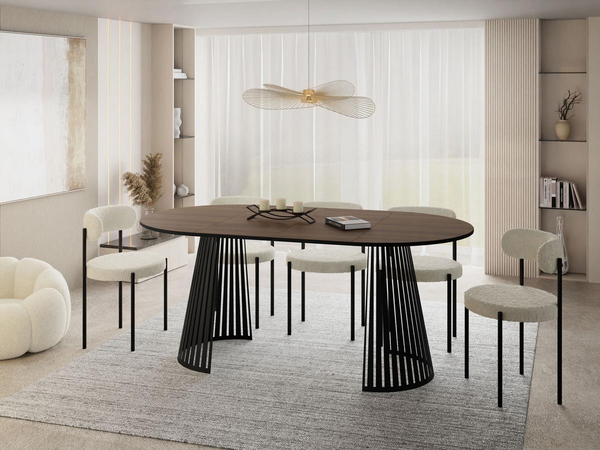 ESSTISCH Naro rund ausziehbar mit Schwarzem Lamellen-Metallgestell, Walnuss Braun 120-200/120/76 cm - Walnussfarben/Schwarz, Holzwerkstoff/Metall (120/196/76cm) - WFL GROUP