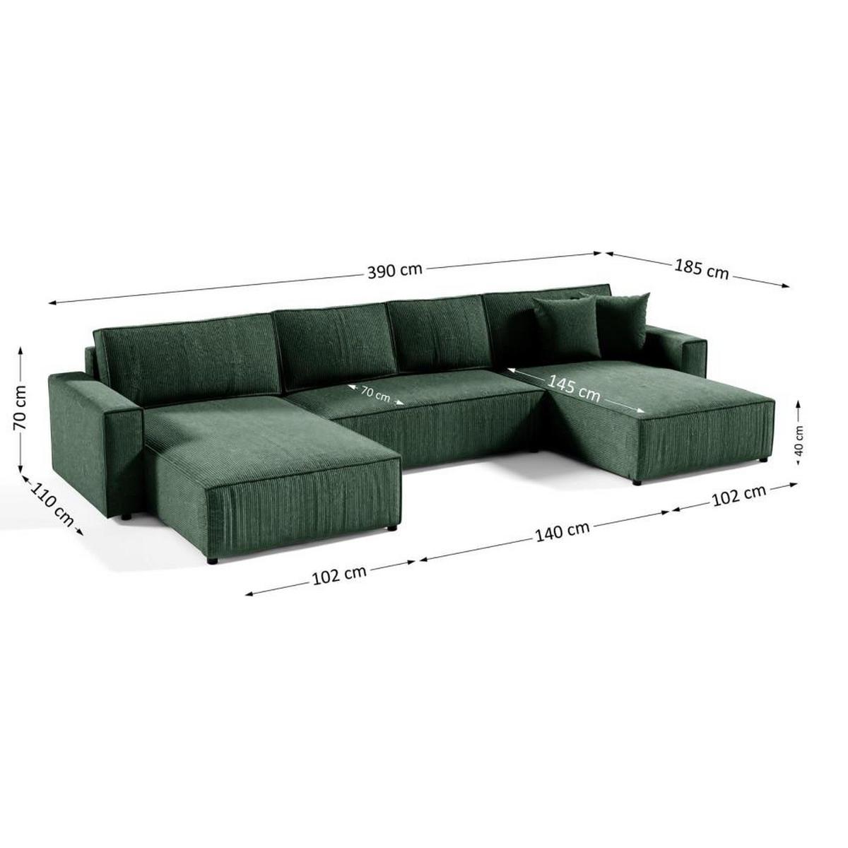 WOHNLANDSCHAFT Parys U mit Schlaffunktion grün - Schwarz/Grün, Kunststoff/Textil (390/70/185cm) - Beautysofa