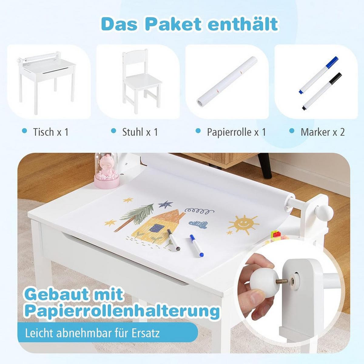KINDERSCHREIBTISCH mit Stuhl weiß(2-tlg) - Weiß, Holzwerkstoff (66/58/40cm) - COSTWAY