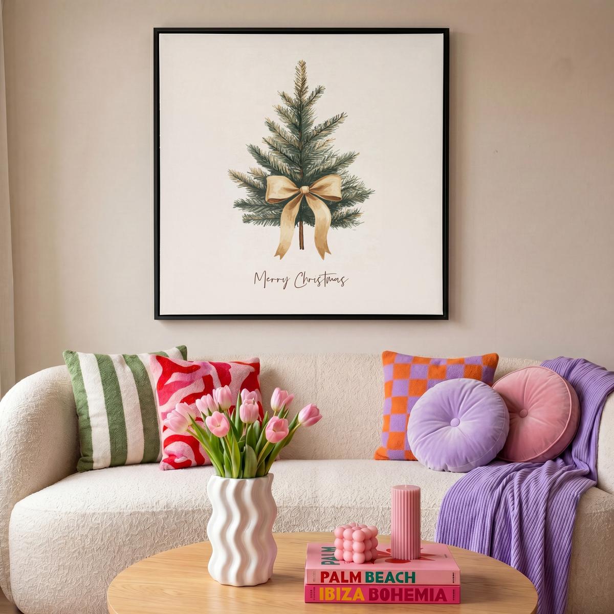 LEINWAND Bilder mit Rahmen - Weihnachtsbaum - Weihnachten - Frohe Weihnachten - Beige - 90x90 - Sandfarben, Textil (90/90cm) - MuchoWow