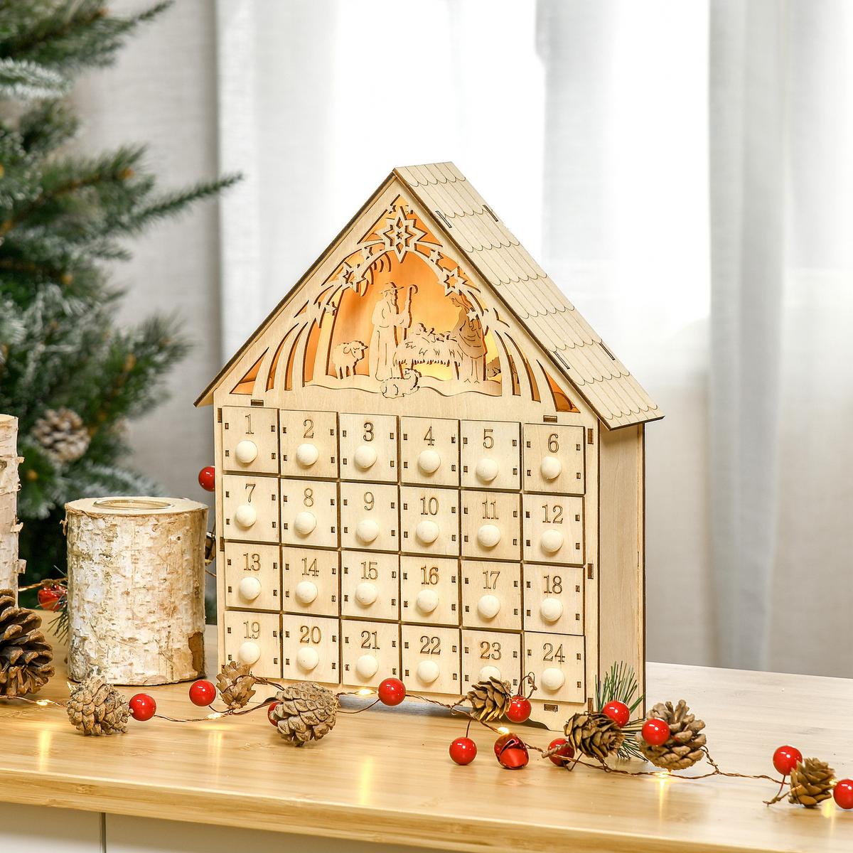 ADVENTSKALENDER Weihnachtskalender 24 Schubladen mit LED-Lichtern MDF Naturholz - Naturfarben, Holz (6/30/26.6cm) - HOMCOM