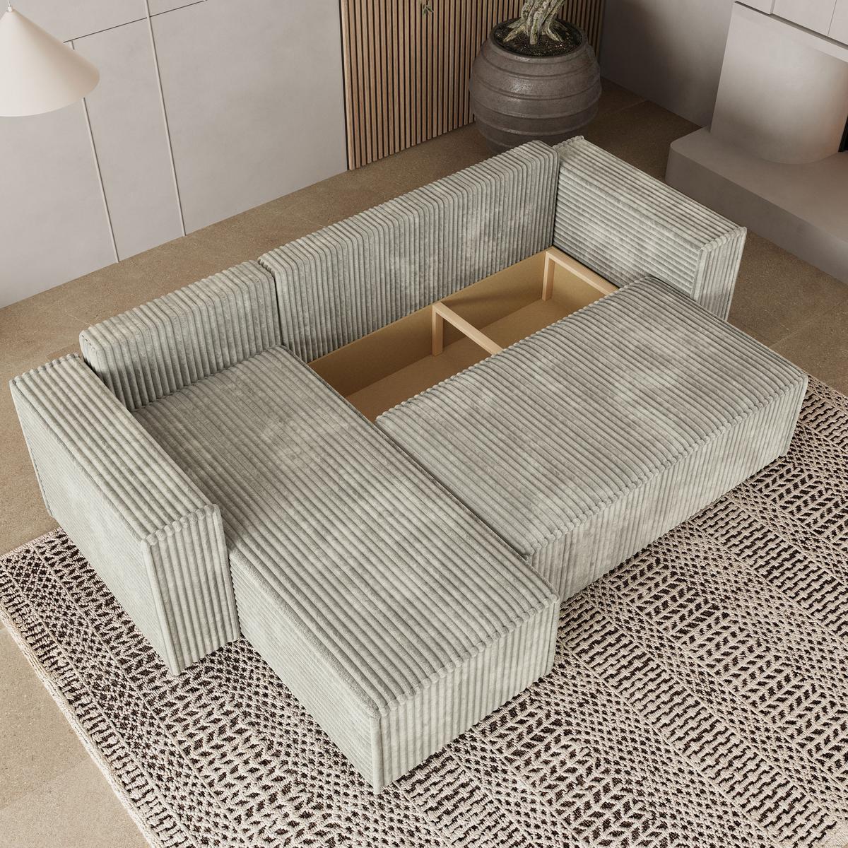 ECKSOFA RAVELO T Hellgrau Kordstoff mit Schlaffunktion - Hellgrau/Grau, Holz/Kunststoff (240/140cm) - MASSENO
