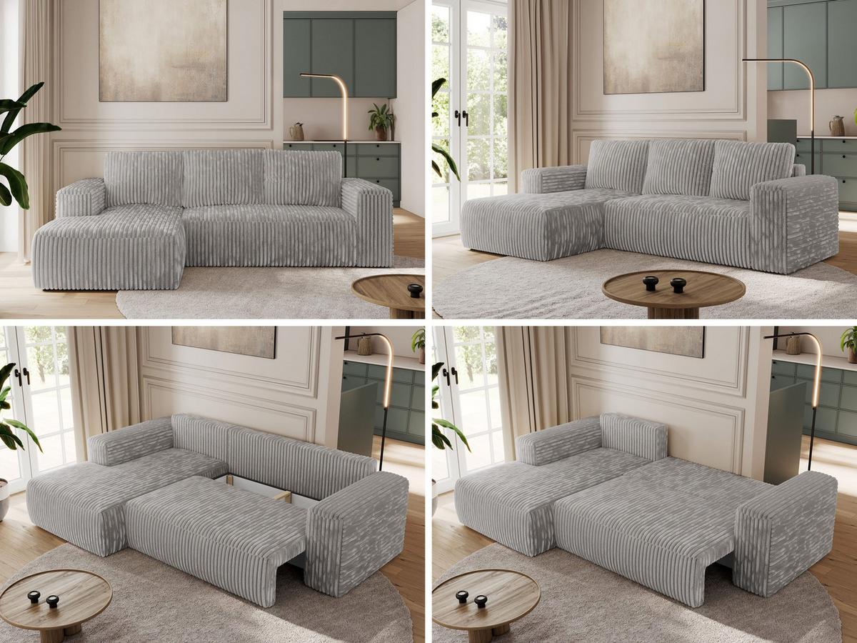 ECKSOFA TRENTINO L Hellgrau Cord - Links - Hellgrau/Schwarz, Kunststoff/Textil (266/164cm) - MKS