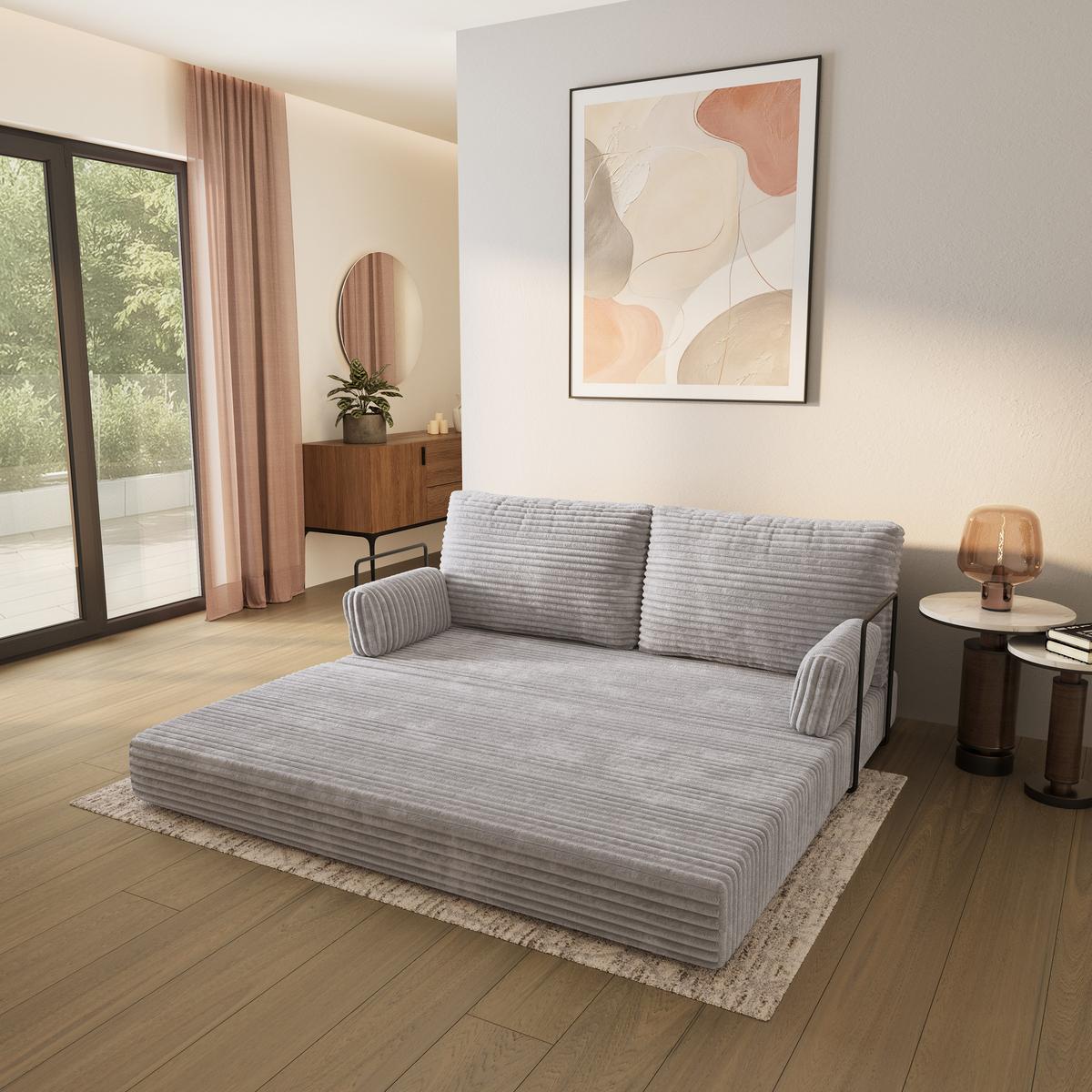 BETTSOFA SILAR aus Schaumstoff Kordstoff Hellgrau Schlaffunktion - Grau, Textil (170/86/80cm) - MASSENO