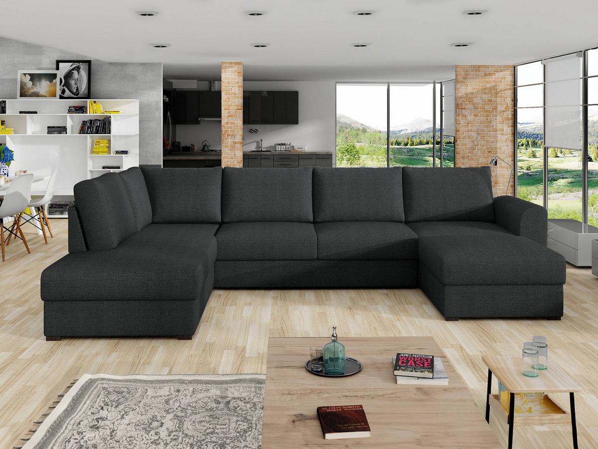 WOHNLANDSCHAFT Wilma, Seite: Links - Dunkelgrau/Schwarz, Holz/Textil (305/85/188cm) - MIRJAN24