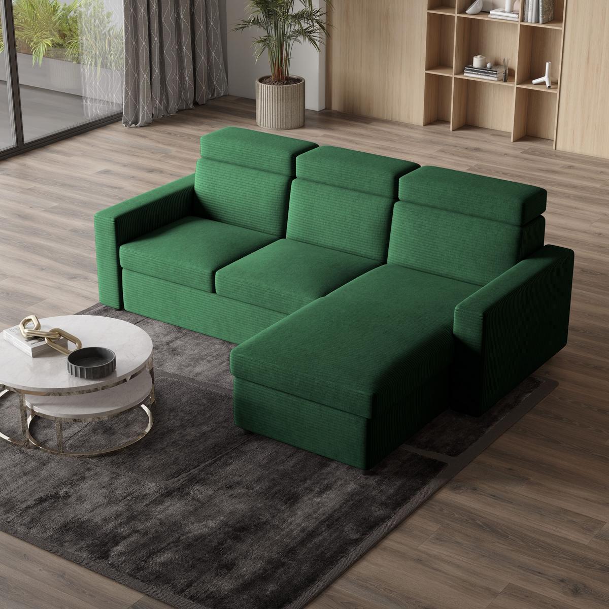 ECKSOFA PADWA Grün Kordstoff mit Schlaffunktion - Schwarz/Grün, Holz/Kunststoff (227/168cm) - MASSENO