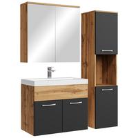 BADMÖBEL-SET Montreal 4 Teile Eiche / Schwarz Spiegelschrank - 60 x 35 x 51 cm - Eichefarben/Schwarz, Holz (60/51/35cm) - Badplaats