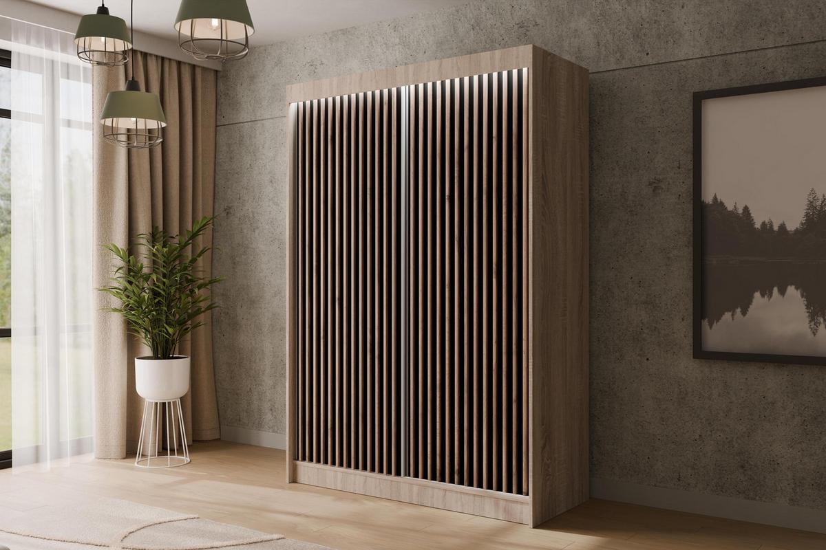 KLEIDERSCHRANK mit LED, Lamel-Schiebetüren VILANv2 - 120 cm Sonoma Eiche + Lamelle Eiche Wotan - Eiche Wotan/Sonoma Eiche, Holzwerkstoff (120/215/61cm) - ALTDECOR