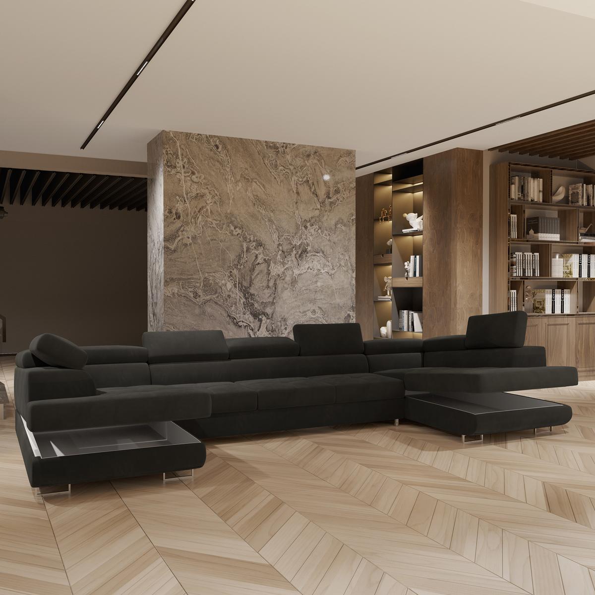 WOHNLANDSCHAFT ISOLANO Schwarz Velours-Stoff mit Schlaffunktion - Schwarz, Holz (408/90/202cm) - MASSENO