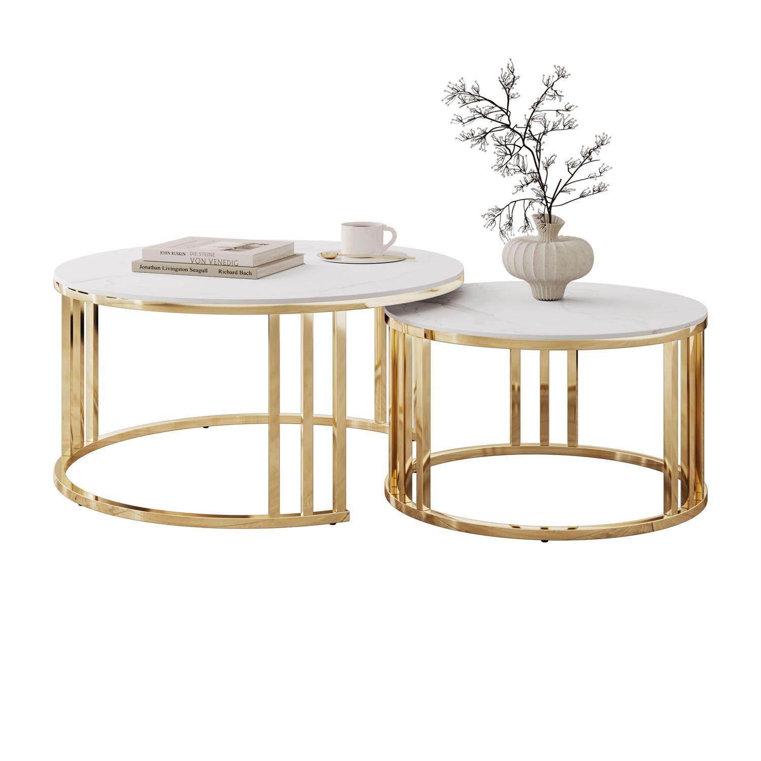 COUCHTISCH LIRA 2in1 mit goldenem Gestell und Marmorplatte - Weiß, Metall (80/80/40cm) - Lookway