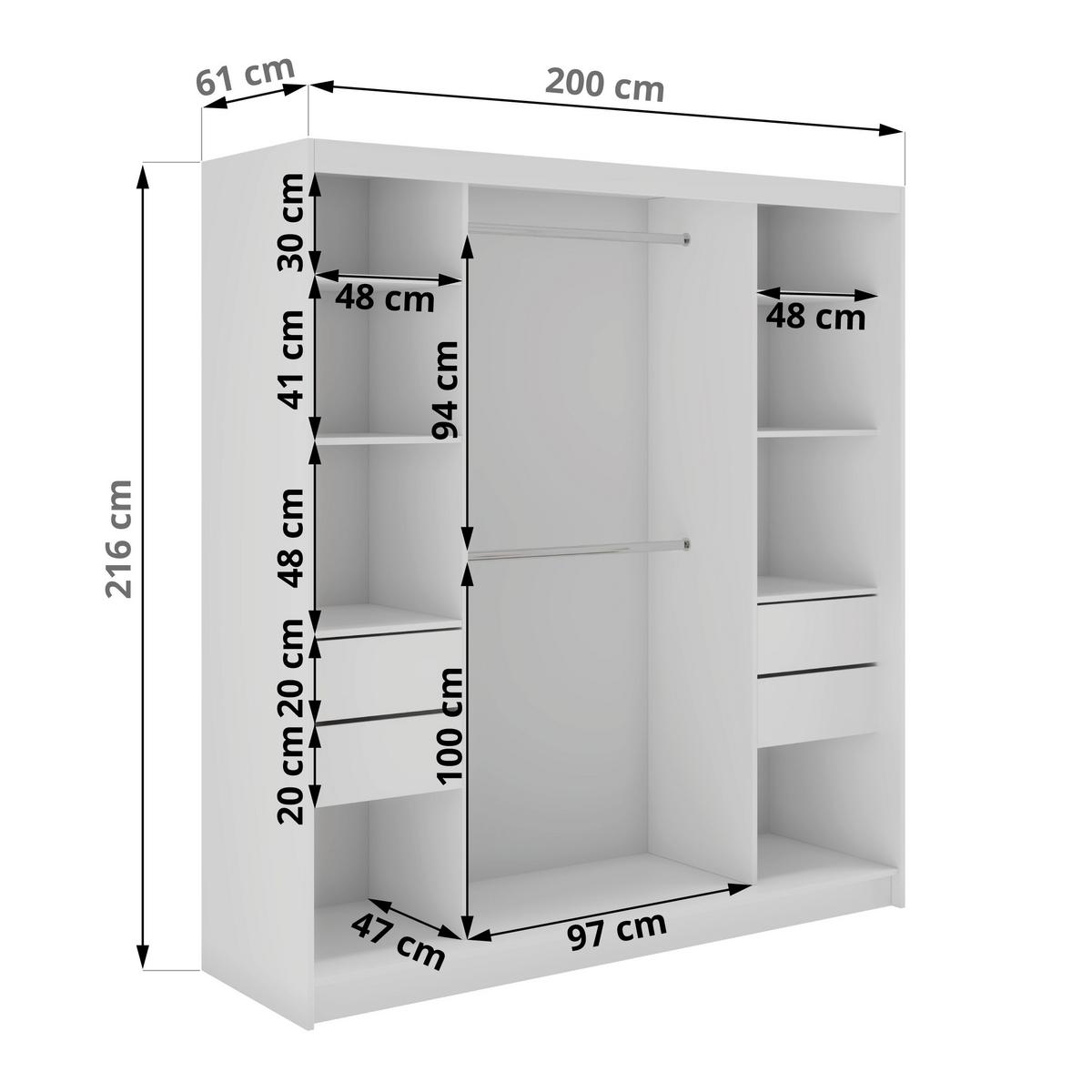 SCHWEBETÜRENSCHRANK mit Spiegel und Schubladen - WALENCJA - 200 - Weiß lacobel - Alufarben/Weiß, Holzwerkstoff/Metall (200/216/61cm) - MKS