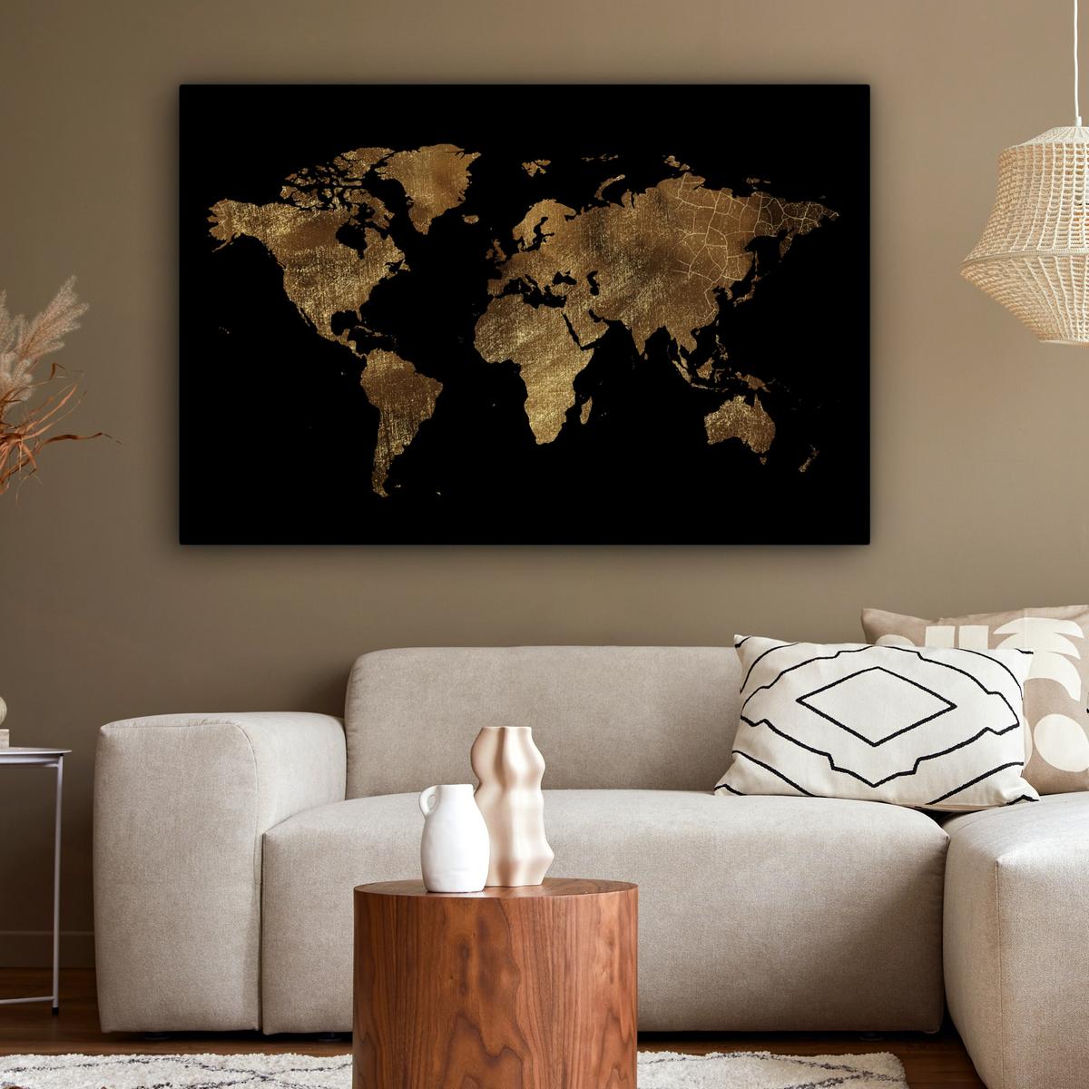 LEINWANDBILD Weltkarte - Gold - Luxus - Erde - Schwarz Wohnzimmer Groß 120x80 cm - Goldfarben, Textil (120/80cm) - MuchoWow