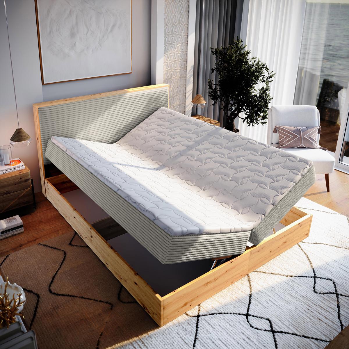 BOXBETT VERDON 140x200 cm mit Matratze und Topper - Beige - Beige, Holz (140/200cm) - MASSENO