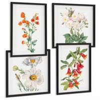 BILDER SET 4er Set - 50x50 cm & 40x60 cm Schwarzer Rahmen - Retro-Blumenmalerei - Schwarz, Kunststoff (50/50cm) - TULUP
