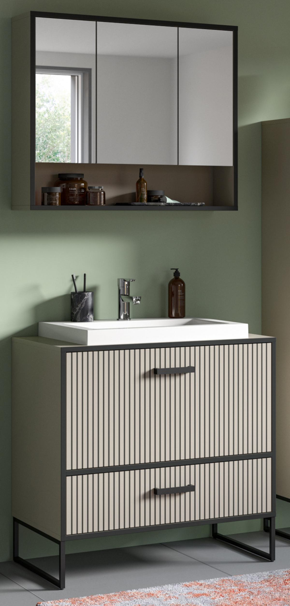 BADMÖBEL-SET schwarz, sand mit Waschbecken 80 cm, Kombination mit Soft-Close - Sandfarben/Schwarz, Glas/Keramik (80/192/48cm) - Inn.Furn