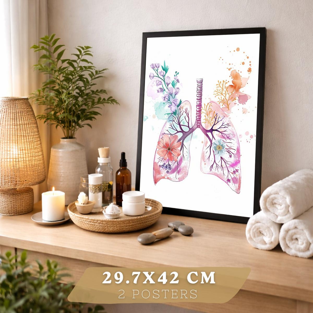 POSTER Set aus 2 Anatomie Mensch Drucke und Wandbilder mit Herz und Atmungssystem Floraler Stil Medizinische Wanddekoration Größe Schwarzer Rahmen A3 - Schwarz, Papier (29.7/42/3cm) - Nacnic