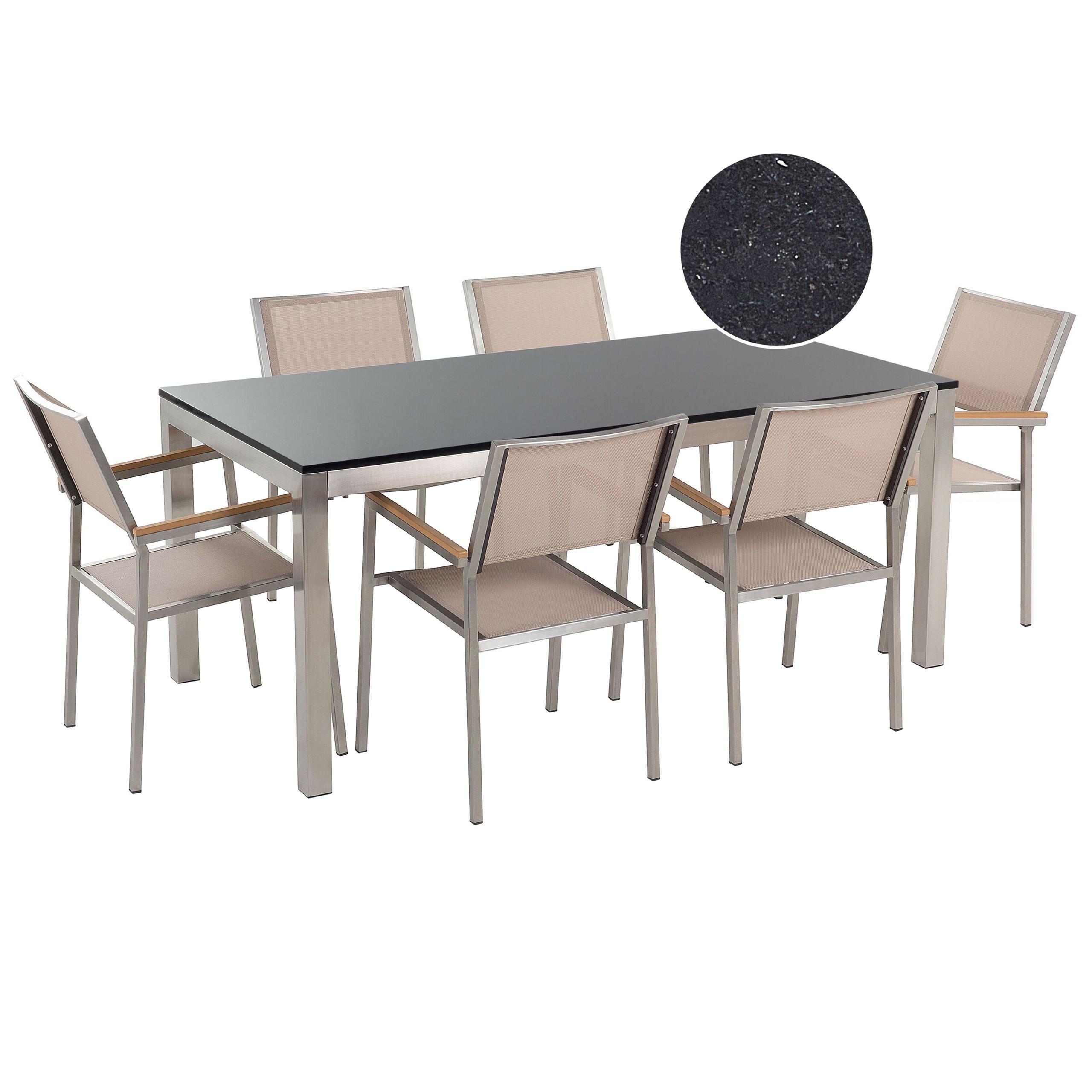GARTENMÖBEL SET 6-Sitzer Naturstein Schwarz poliert Textilbespannung Beige Grosseto - Beige/Silberfarben, Metall - Beliani