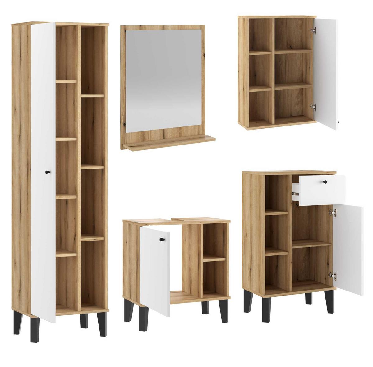 BADMÖBEL-SET 5-teilig weiß, Evoke Eiche, Badkombination, 182 x 190 cm - Eichefarben/Schwarz, Glas/Holzwerkstoff (182/190/33cm) - Furn.Design