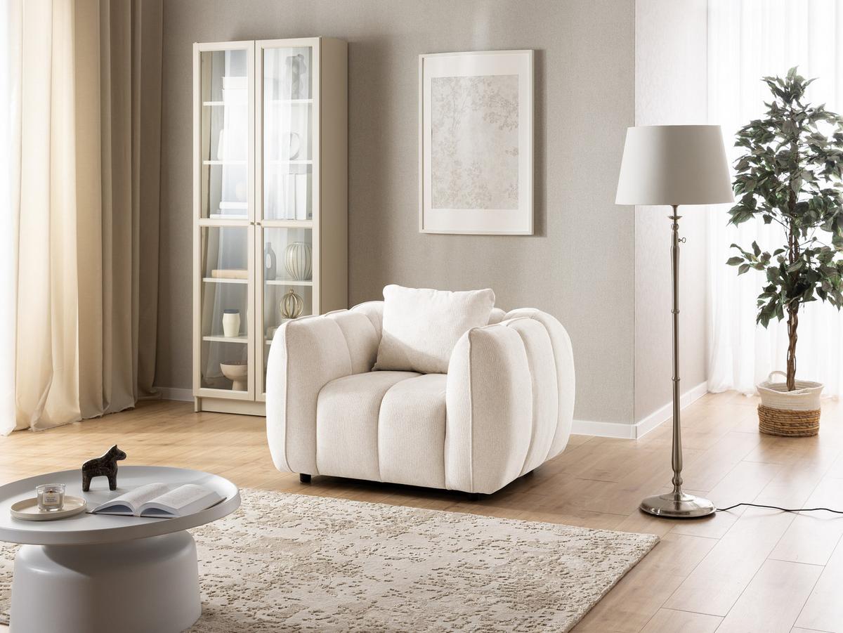 SITZGARNITUR 2+1 Nubira in tief gesteppter Bubble-Optik aus weichem Creme Strukturstoff im modernen Design - Creme/Schwarz, Holz/Kunststoff (172/69/89cm) - S-Style Möbel