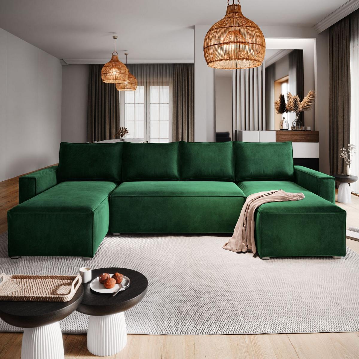 WOHNLANDSCHAFT DENI Grün Velours-Stoff mit Schlaffunktion - Grau/Grün, Holz/Kunststoff (295/85/140cm) - MASSENO
