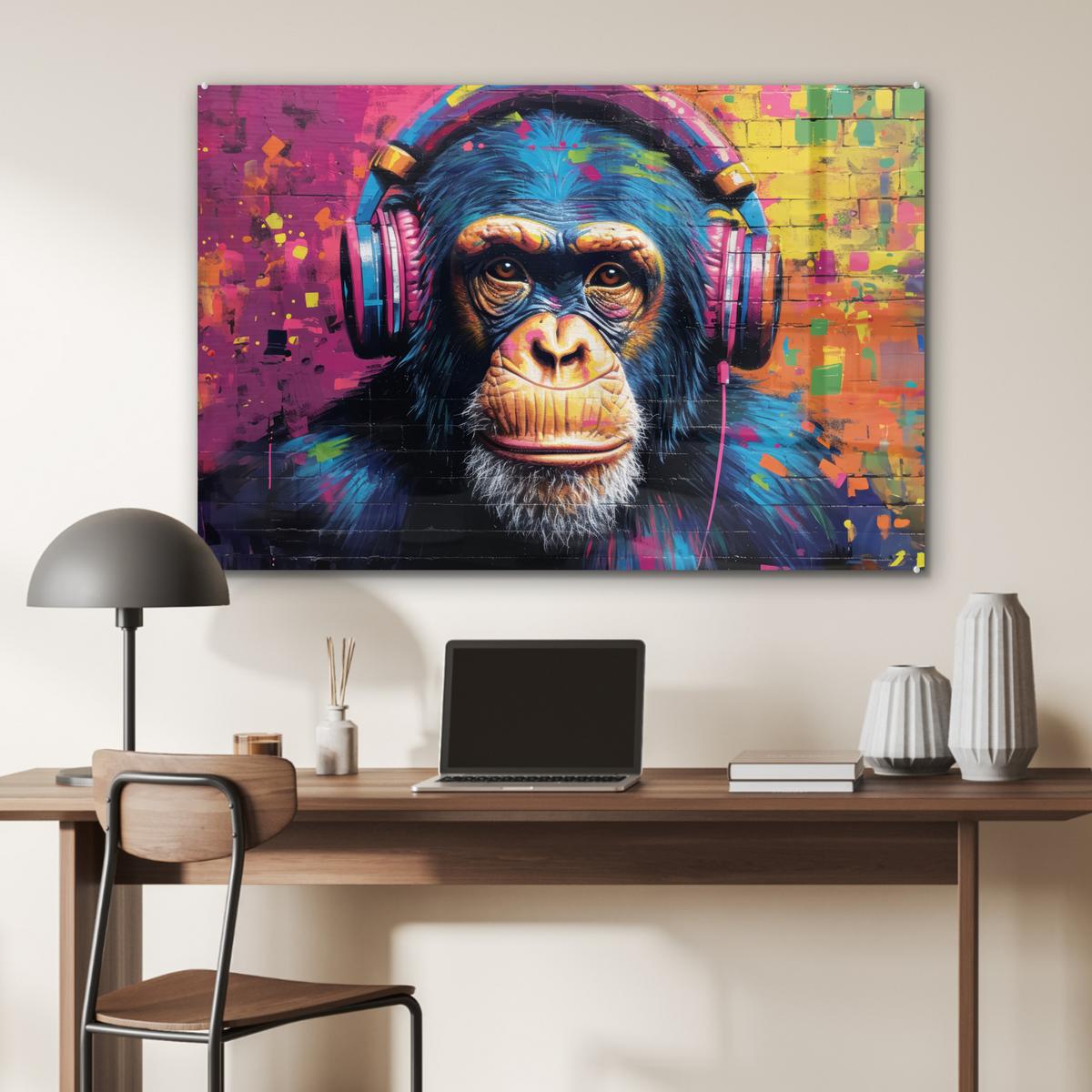 ACRYLGLASBILD Graffiti - Schimpanse - Straßenkunst - Kopfhörer - Affe Room Decor 90x60 cm - Blau, Glas (90/60cm) - MuchoWow