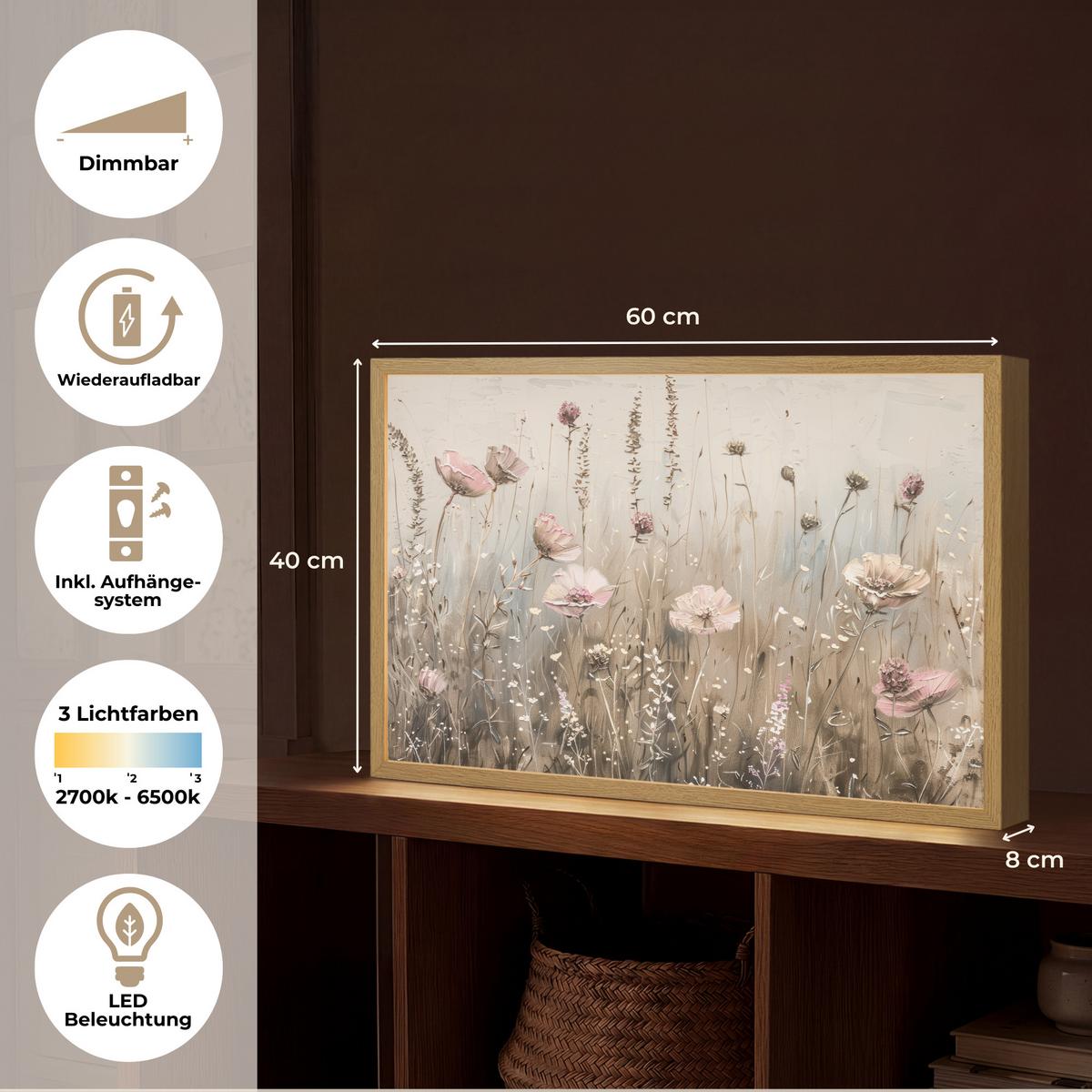 WANDLEUCHTE MIT AKKU Blumen - Rosa - Modern - Beige 60x40 cm - Altrosa, Holzwerkstoff (60/40/8cm) - OnlyWow