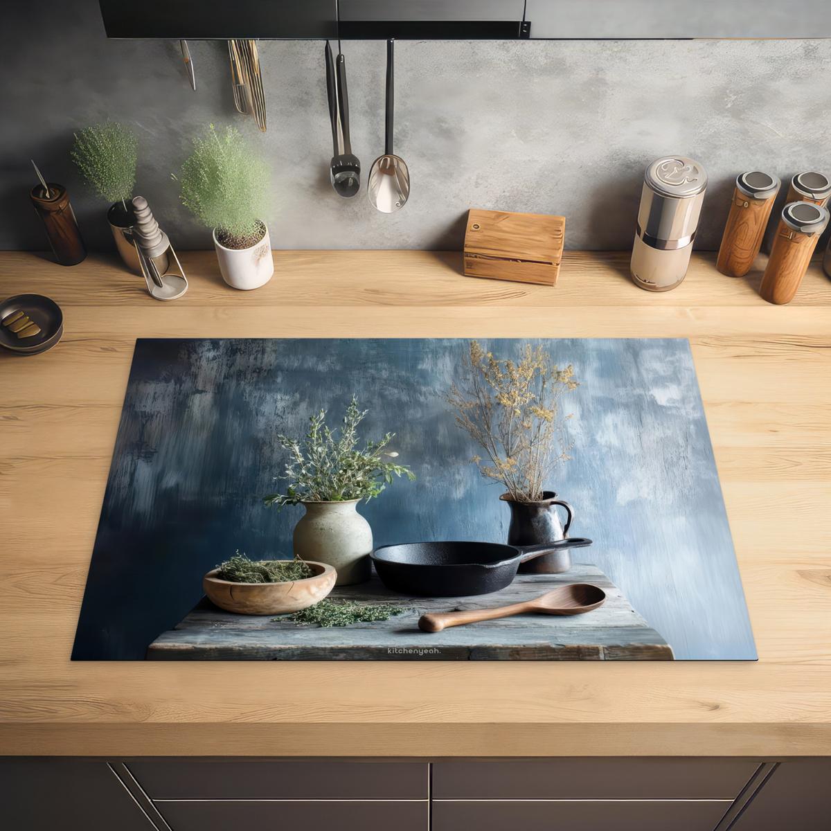 HERDABDECKPLATTE Stilleben - Kräuter - Rustikal Ceranfeldabdeckung 78x52 cm - Blaugrau, Kunststoff (78/52/0.2cm) - MuchoWow