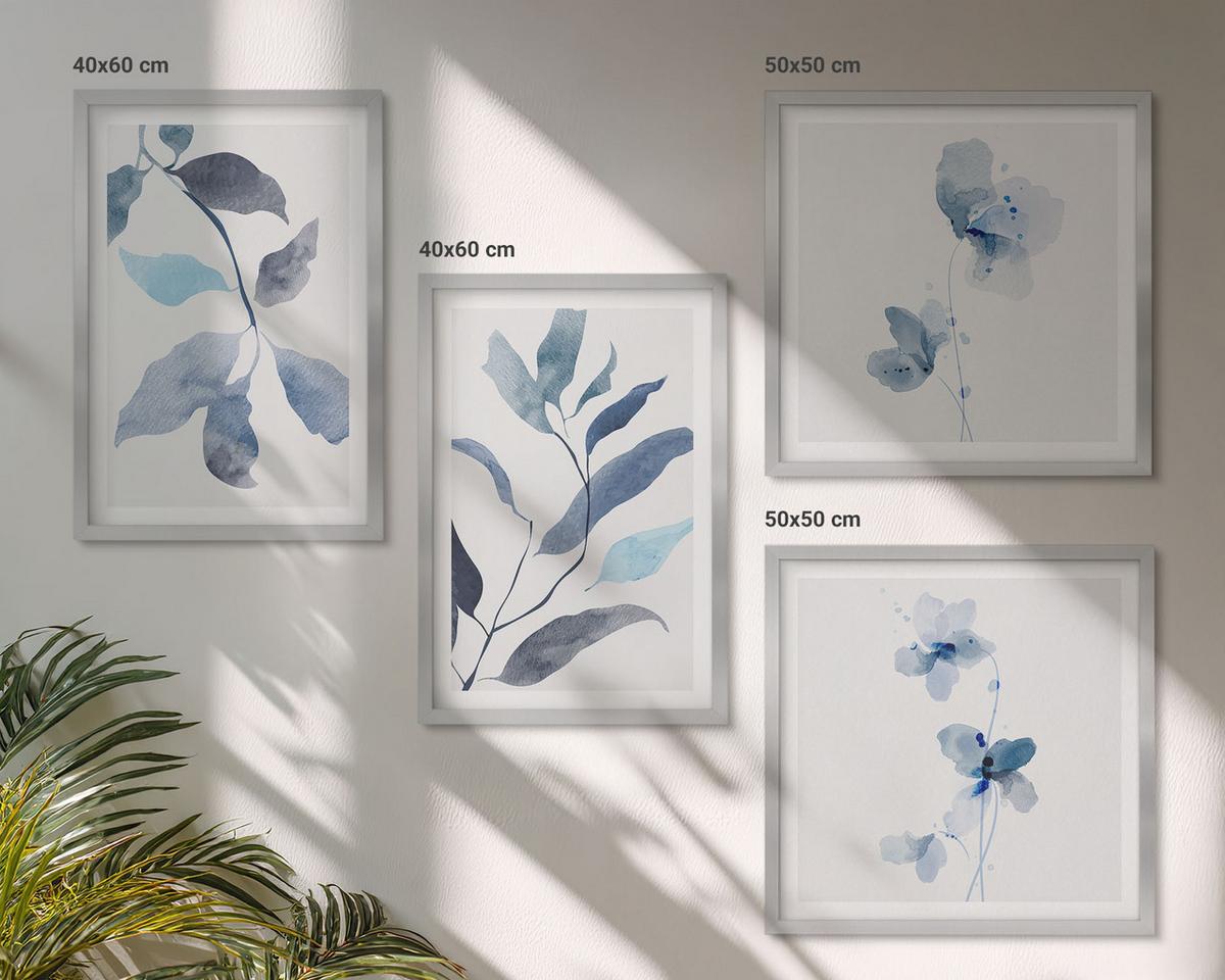 BILDER SET 4er Set - 50x50 cm & 40x60 cm Silberner Rahmen - Aquarell von blauen Blättern - Silberfarben, Kunststoff (50/50cm) - TULUP