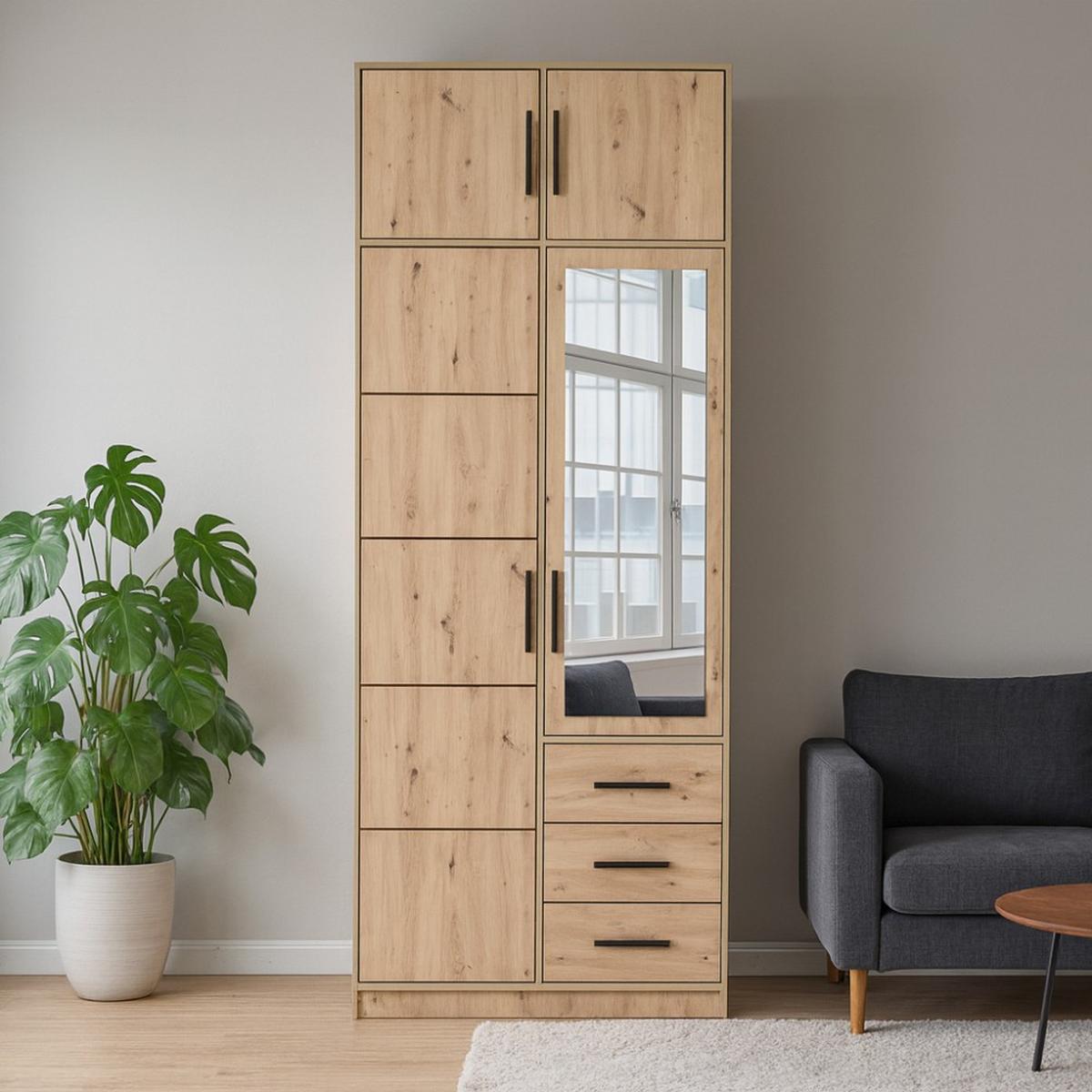 DREHTÜRENSCHRANK Kavo mit Aufsatz, Spiegel und 2 Türen, eiche Artisan - Schwarz/Eiche Artisan, Holzwerkstoff (100/245/58cm) - Beautysofa
