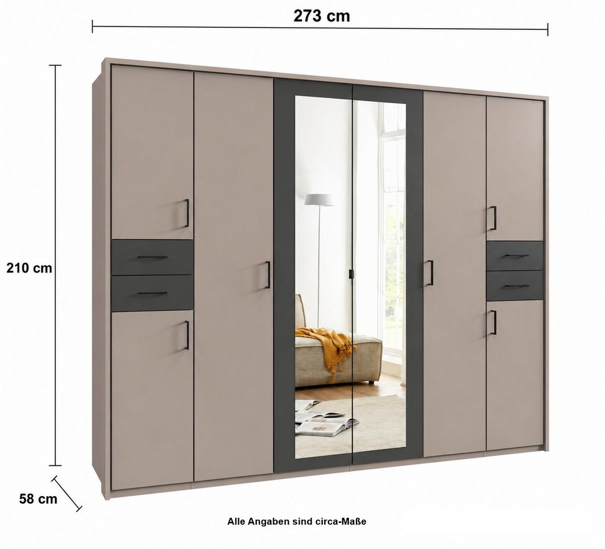 DREHTÜRENSCHRANK B273/H210/T58 cm, Sandgrau mit Absetzungen in Grafit, Kleiderschrank m.Passepartout&2Spiegeltüren&Schubkästen, Griffe schwarz / 22579 - Sandfarben/Schwarz, Holzwerkstoff/Kunststoff (273/210/58cm) - luma-home