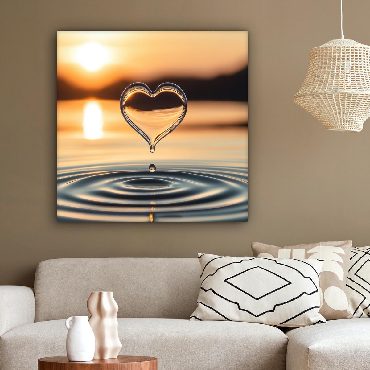 LEINWANDBILD Herz - Wasser - Sonnenuntergang - Natur - Zen Deko Groß 90x90 cm - Bernsteinfarben, Textil (90/90cm) - MuchoWow