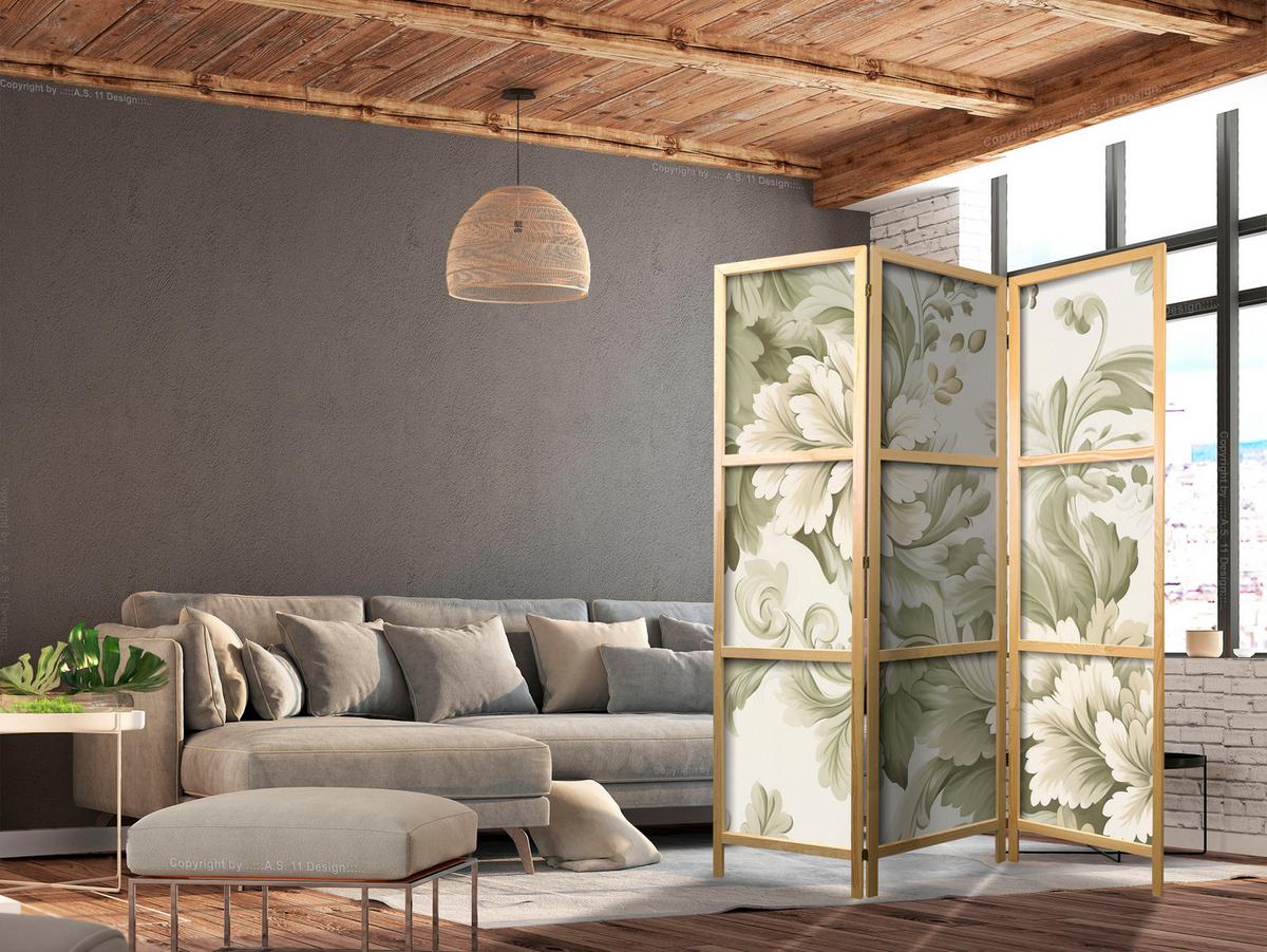 PARAVENT Japanischer 3-tlg 135x172 cm Vintage Pflanzen - Grün, Holz/Textil (135/172/3cm) - Muralo