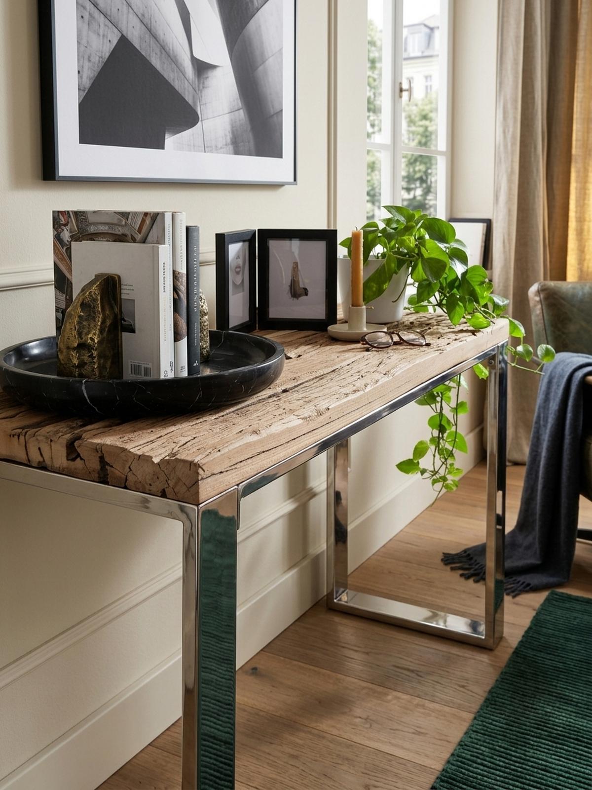 KONSOLENTISCH – Massivholz/Metall, 115 cm, Industrial-Stil, mit Schubladen - Beige/Silberfarben, Holz/Metall (46/115/76cm) - KADIMA DESIGN