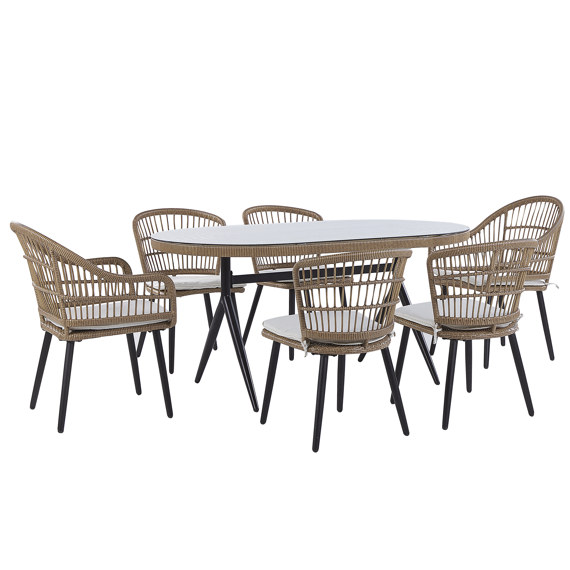 GARTENMÖBEL SET 6-Sitzer Rattan natürlich Auflagen Beige Aliano II - Beige/Schwarz, Kunststoff - Beliani