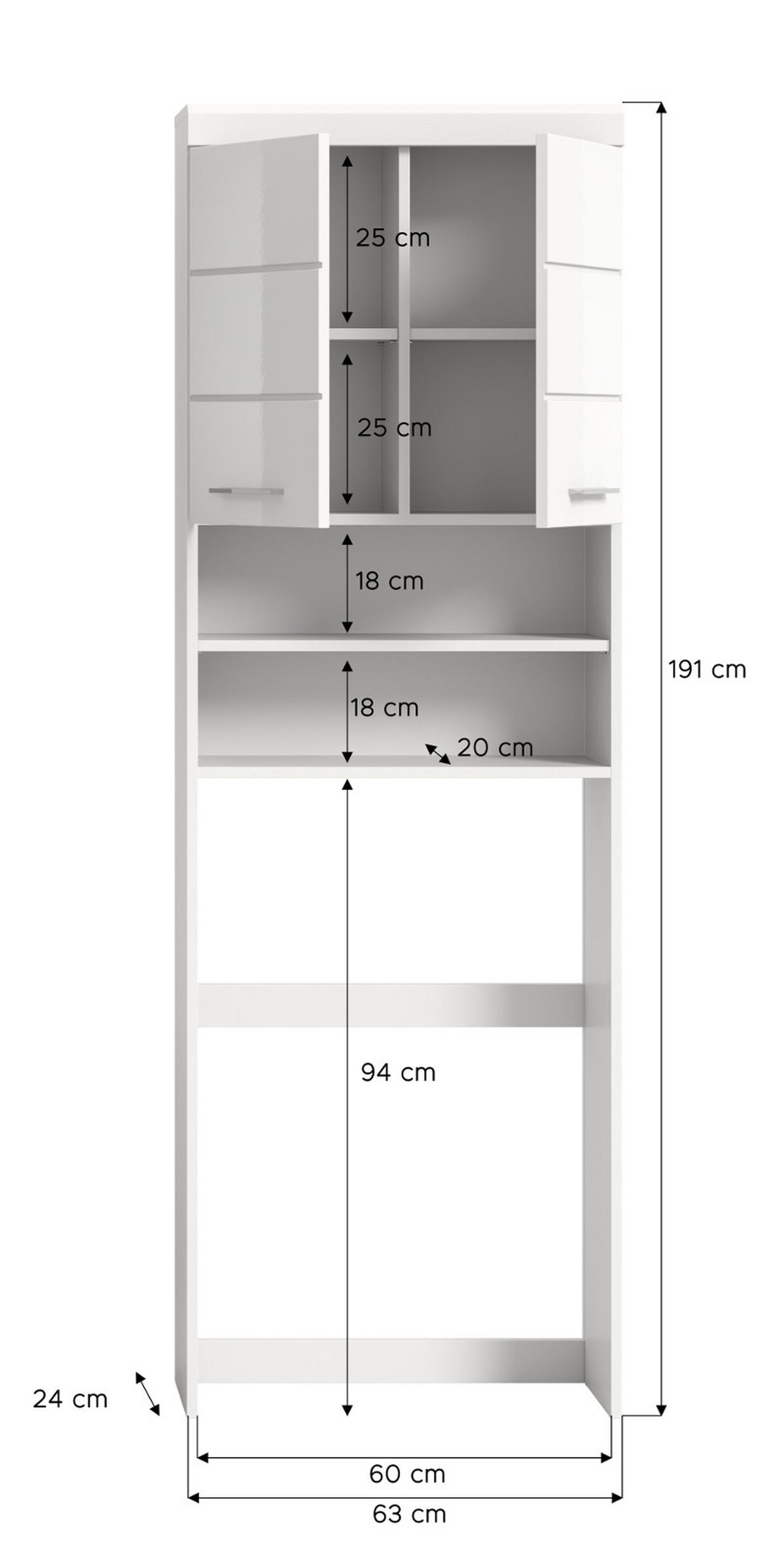 WASCHMASCHINENSCHRANK weiß Hochglanz 63 x 191 cm, Überbau mit 6 Fächern - Weiß Hochglanz/Silberfarben, Holzwerkstoff/Kunststoff (63/191/24cm) - Inn.Furn