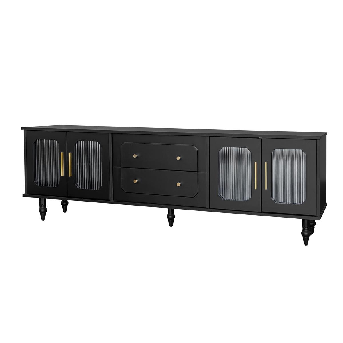 TV-LOWBOARD Schwarz & Gold 175 cm mit geriffeltem Glas & Retro-Design - Schwarz, Holzwerkstoff (175/55.5/38cm) - Urban Meuble