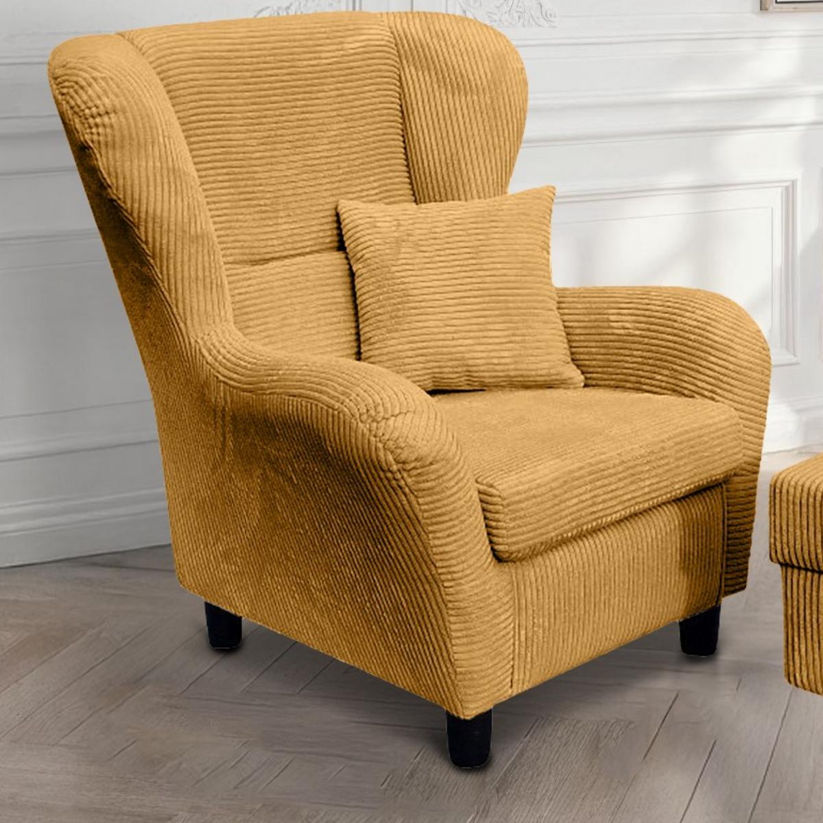 OHRENSESSEL mit HOCKER, hoher Sitzkomfort durch Wellenunterfederung B90/H98/T76 cm, Cord Gold Ockergelb / 18022 - Goldfarben/Schwarz, Holz/Textil (90/98/76cm) - luma-home