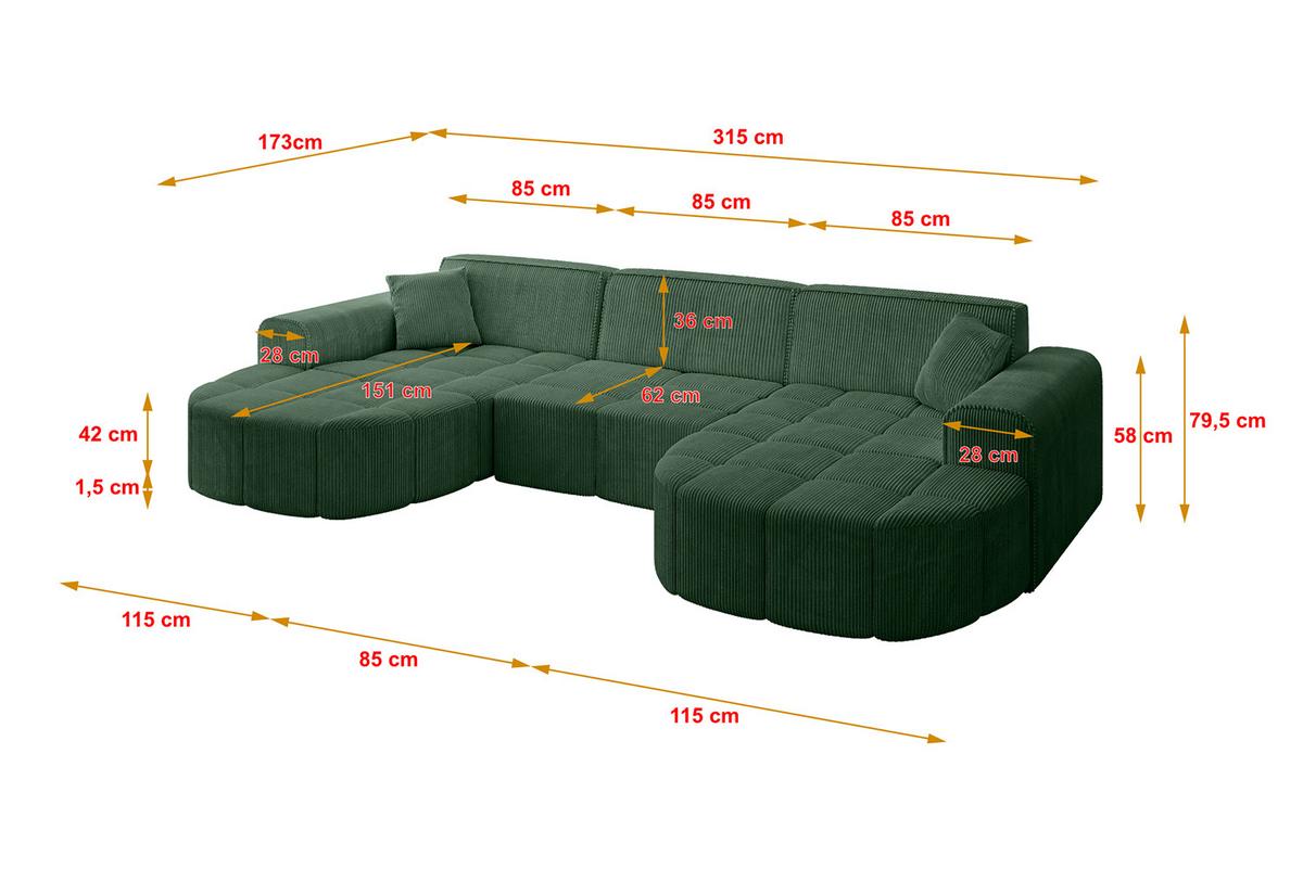 WOHNLANDSCHAFT LIVO-U1 - 315x173x79,5 cm Grün - Grün, Holzwerkstoff/Textil (315/79/173cm) - ALTDECOR