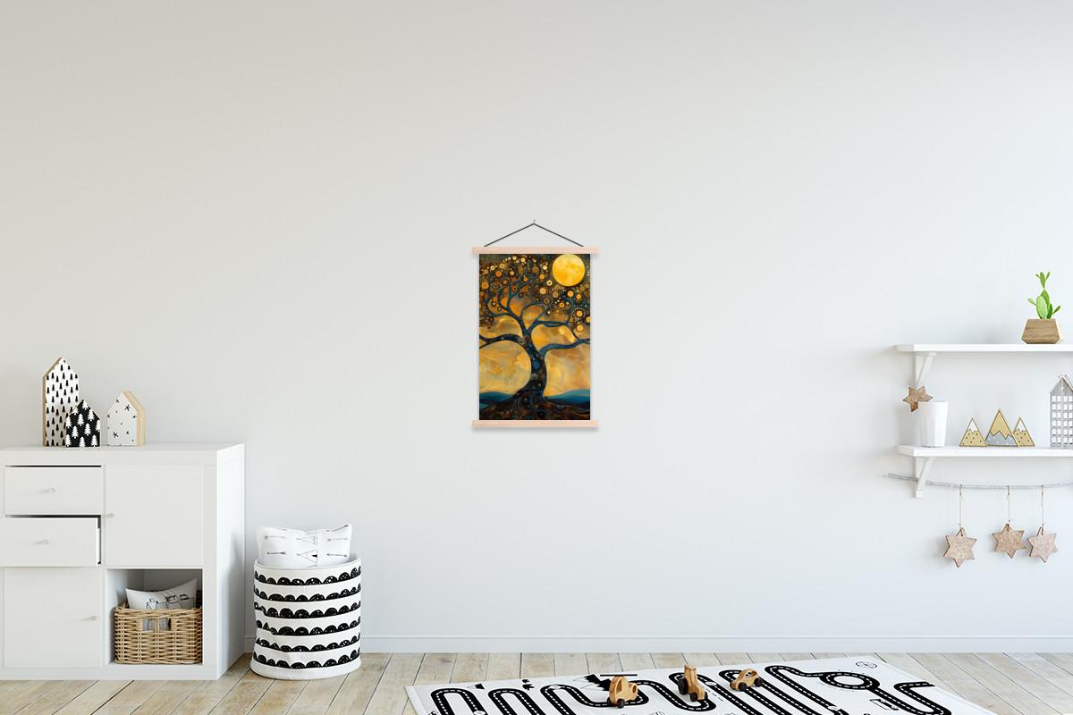 POSTER MIT MAGNETLEISTEN Baum - Mond - Blumen - Gold - Kunst Deko Wohnzimmer 40x60 cm - Orange, Textil (40/60/0.15cm) - MuchoWow
