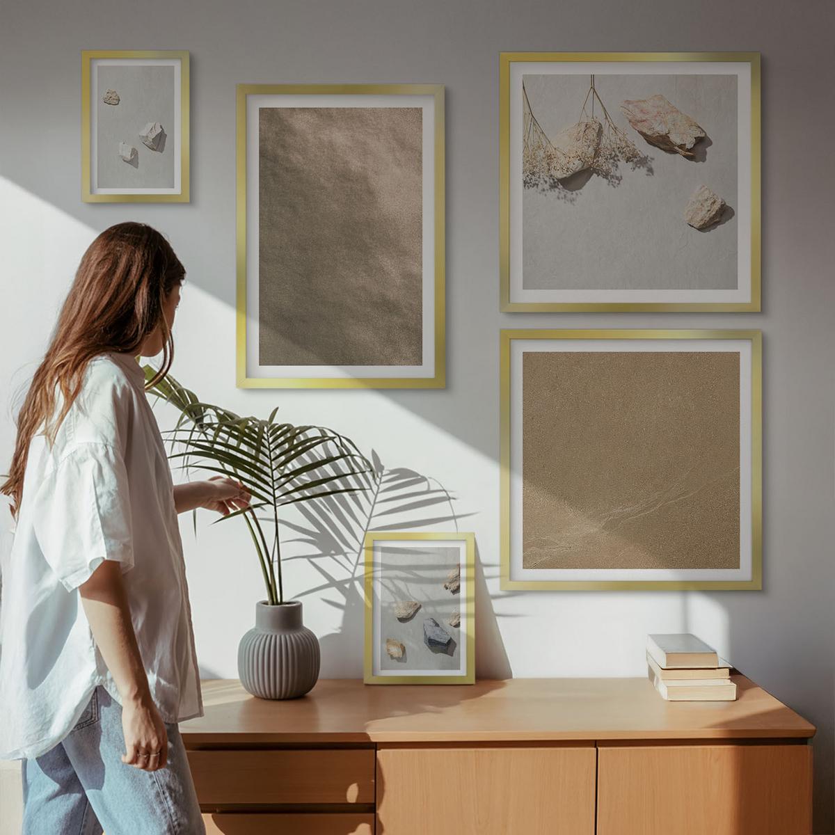 BILDER SET 5er Set - 50x50 cm & 20x30 cm & 40x60 cm Goldrahmen - Strandsteine natürliche Strukturen - Goldfarben, Kunststoff (40/60cm) - TULUP